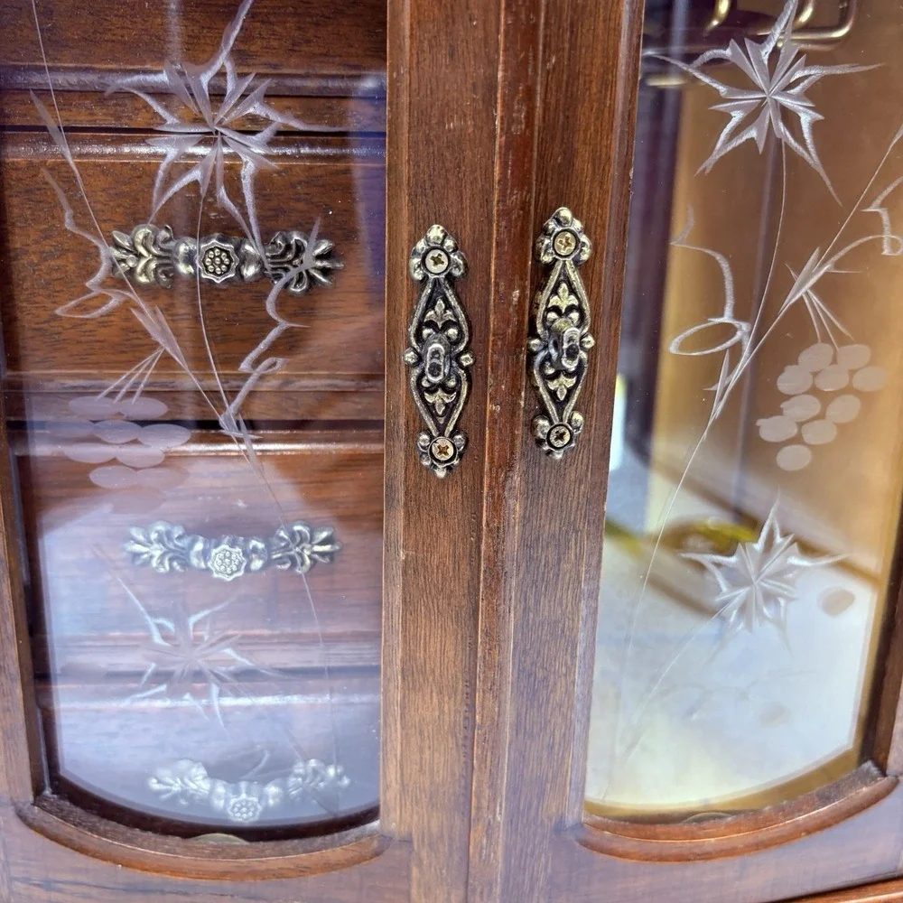 French Provincial Style Wooden Jewelry Armoire Chest Box Case Gold Glass Doors